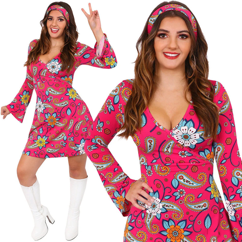 Disco 70S Retro Hippie Style Bell-Sleeved Dress Halloween Masquerade Disco Costume Disco 70S Retro Hippie Style Bell-Sleeved Dress Halloween Masquerade Disco Costume