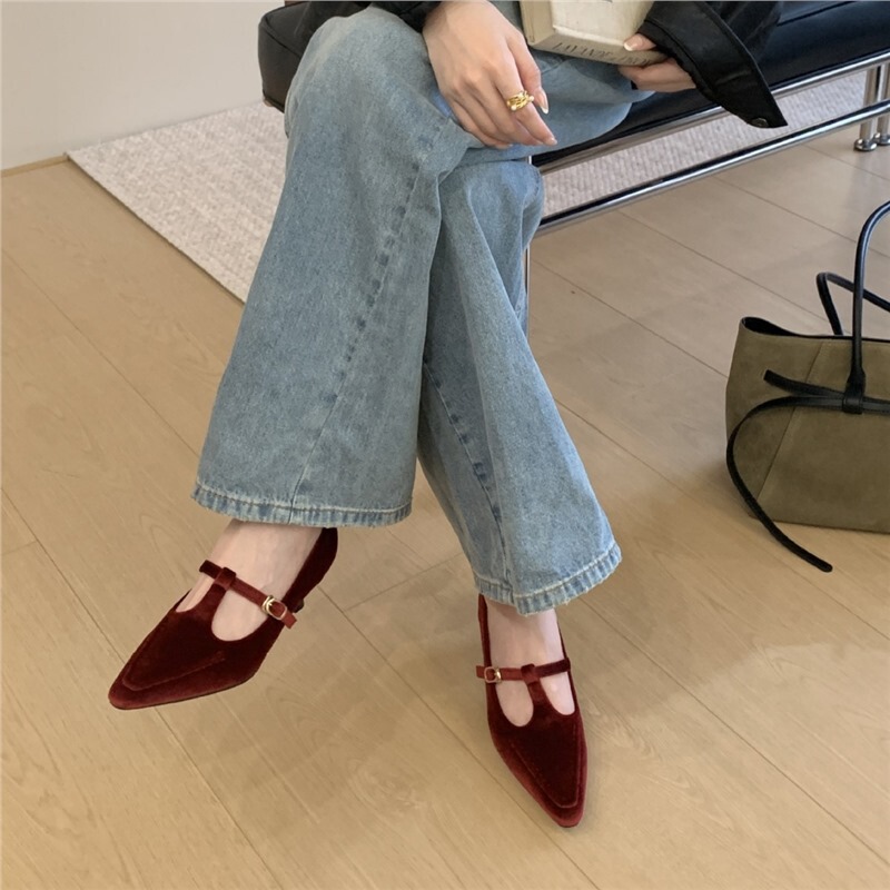 French-style pointed-toe Mary Jane shoes with thin heels, women's 2026 spring/autumn new collection, T-strap suede high heels