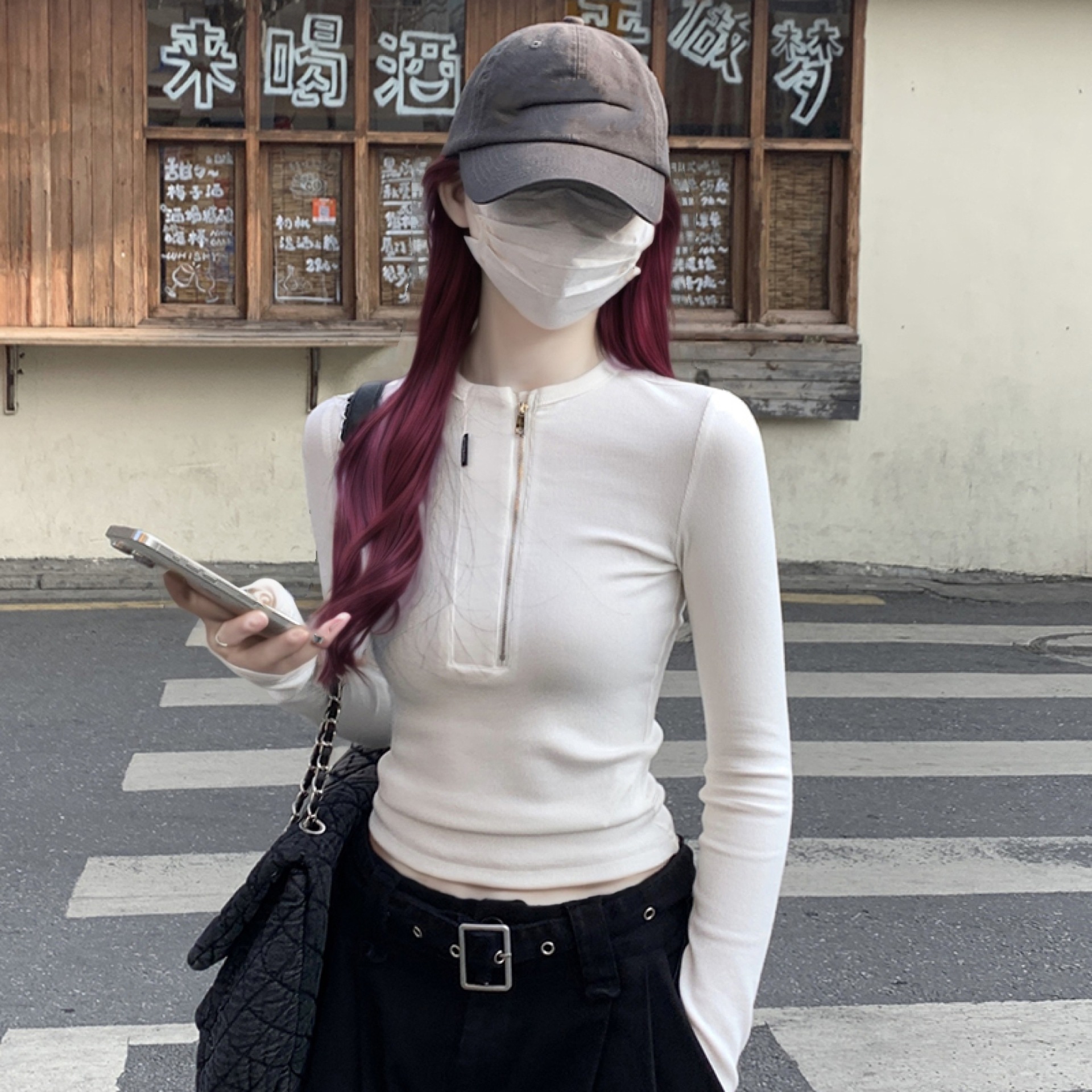 Cross-Border Export Korean Style Half-Zip Slim Fit Right Shoulder Round Neck Long-Sleeved T-Shirt Women's Spring and Autum Bottoming Shirt Top Inner Wear