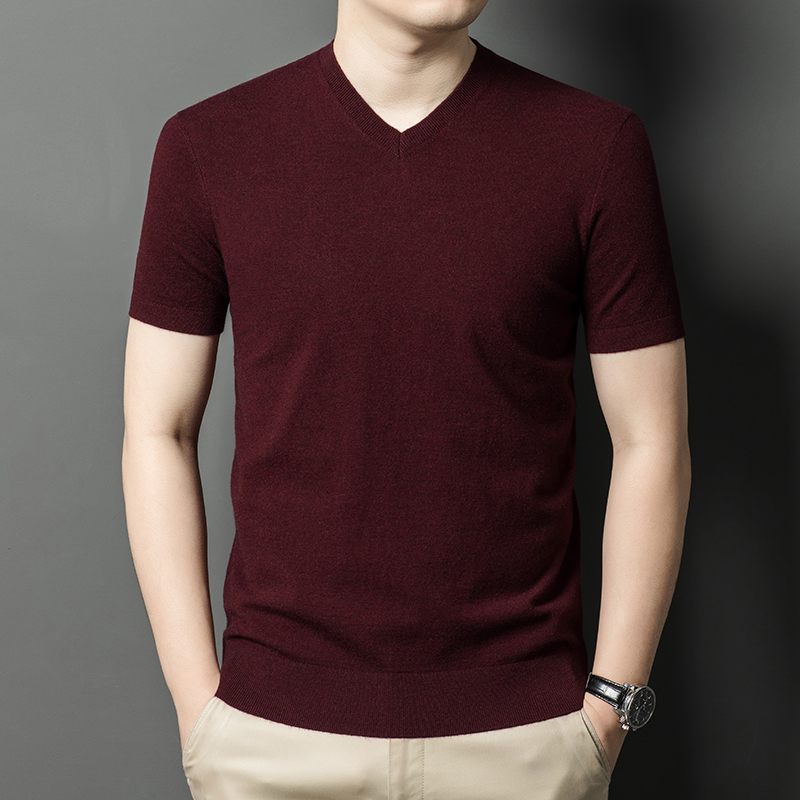 Ordos 100% cachemira pura, hombre de manga corta, suéter de lana de punto de cuello medio alto, suéter de manga media gruesa