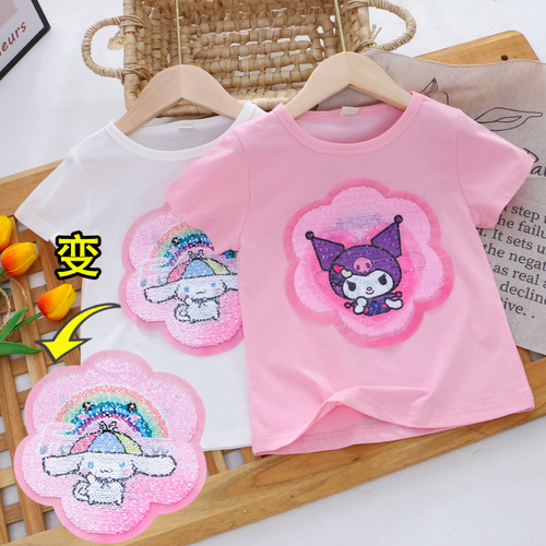 Girls' bottoming shirt new children's clothing summer little girl short-sleeved color-changing sequin T-shirt princess top bottoming shirt