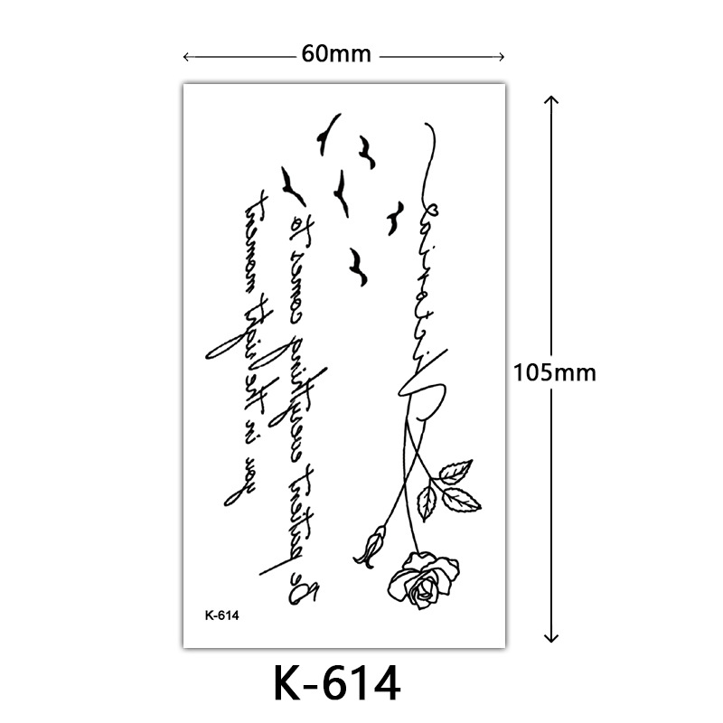 Pequeñas pegatinas de tatuaje frescas letras inglesas flores mariposas líneas de boceto pegatinas de tatuaje impermeables tatuaje