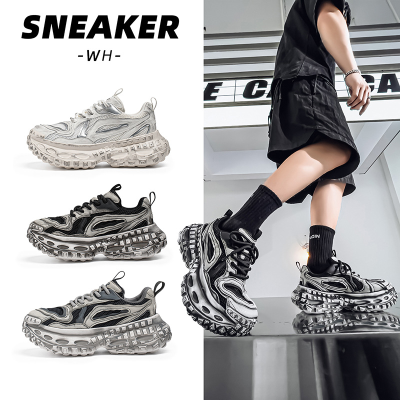 Zapatos de hombre, malla de primavera y verano, transpirable y versátil, deportes juveniles, correr, la parte inferior del neumático aumenta los zapatos casuales de moda de papá negro