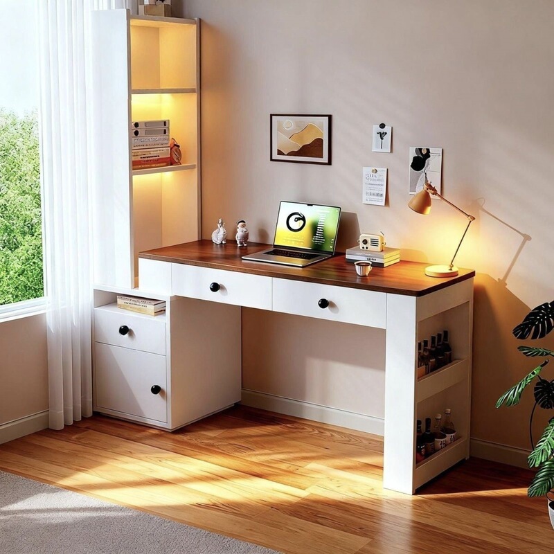 Corner desk with integrated dressing table, small apartment bedroom narrow bookcase, extendable desk, pull-out combination table