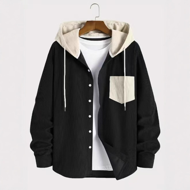 European and American Cross-Border New Men's Corduroy Long-Sleeved Hooded Shirt Jacket Casual Loose Contrasting Color Student Couple Wear