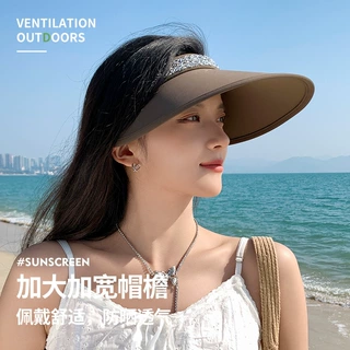 夏季大檐防晒帽子女高级感亮钻遮阳帽户外出游百搭防紫外线空顶帽