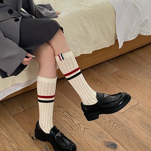 TB with standard shift ring lower leg socks striped knee socks net red European hollow academic style pile socks spring and summer new
