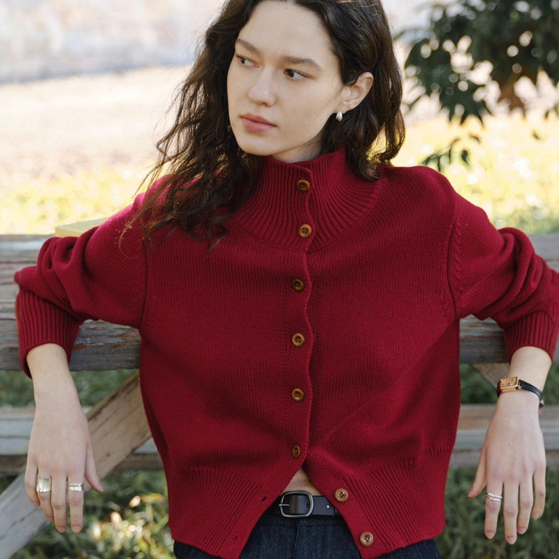 French Retro High-End New Year Red Casual Fashion Loose Stand Collar Single-Breasted Versatile Wool Knit Cardigan