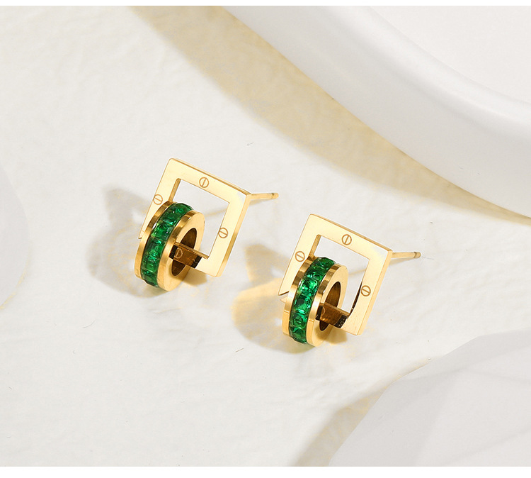 Simple Titanium Steel Hollow Square 14k Gold Plated Green Zircon Earrings display picture 5