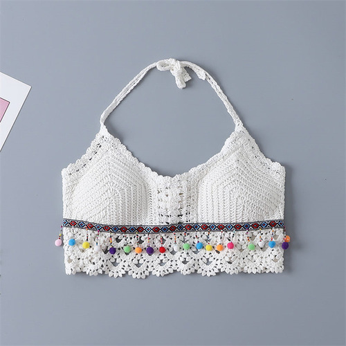 Halter neck camisole lace-up hollow tube top embroidered knitted bohemian ethnic style short women's top