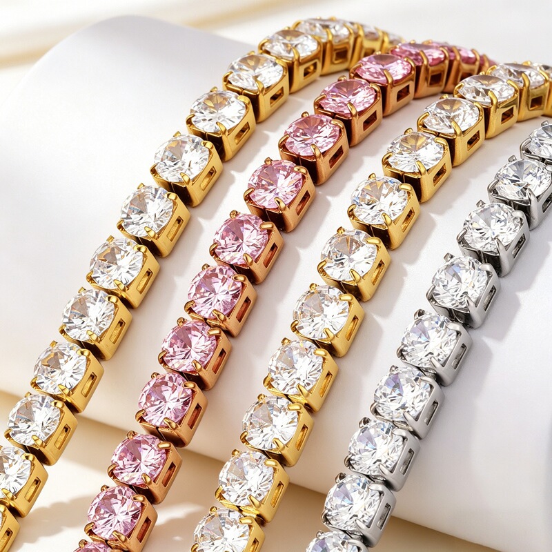 Colorful Diamond Tennis Bracelet, Super Shiny Square Diamond Titanium Steel Bracelet, Fashionable and Versatile Stainless Steel Accessories for Men and Women, Couple Style