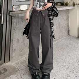 工装裤女夏新款美式街头翻盖腰头潮酷风直筒宽松阔腿拖地休闲长裤