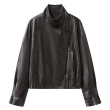 2026春装新款女装显瘦复古机车风立领皮衣双排扣夹克外套 1BBG113