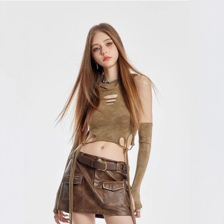 Khaki Wasteland Style Hooded T-Shirt for Women Summer American Pure Lust Hot Girl Sexy Slim Short Sleeve Top Khaki Wasteland Style Hooded T-Shirt for Women Summer American Pure Lust Hot Girl Sexy Slim Short Sleeve Top
