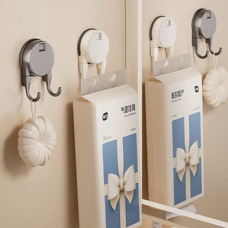 Suction Cup Paper Towel Holder with Dual Hooks, Multifunctional Portable Tissue Hanger for Toilet, Kitchen, Bathroom, Strong Adhesive Hook