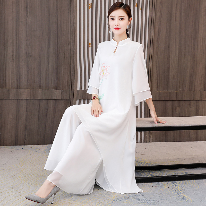 秋夏装禅意打坐舞蹈演出茶服中国风连衣裙改良中式套装汉服两件套|undefined