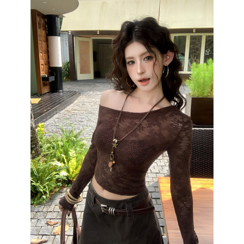 Real photos, real price, no haggling. Vintage sexy see-through lace top, off-shoulder, cropped, long-sleeved, thin top
