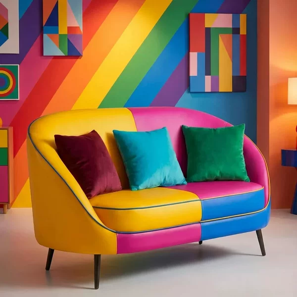 Unique and creative sofa, dopamine-inspired color-blocking leather armchair, stylish and colorful café seating, double sofa