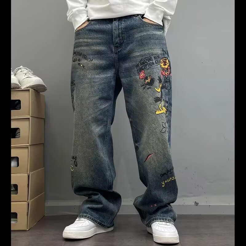 Men's Clothing Men's Trendy Edgy Graffiti Print Distressed Jeans High Street Style Loose Fitting Straight Leg Trousers For Spring Autumn_mkmklike.com