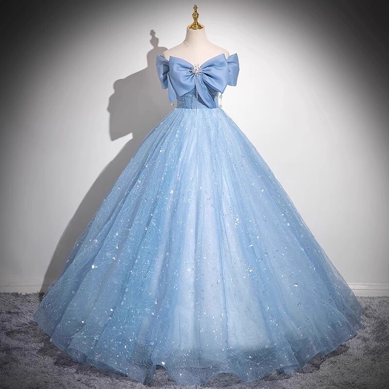 Blue Evening Dress for Women, High-End New Style, Off-The-Shoulder, Graduation, Coming-Of-Age Ceremony, Runaway Princess Dress, Host, Vocal Performance Exam