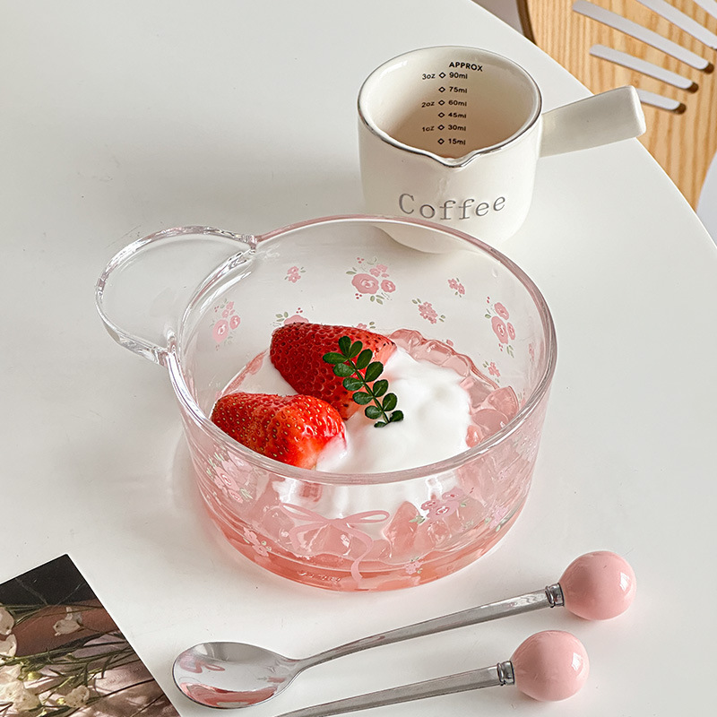 Mooney Korean Style Floral Glass Single Ear Bowl Pink Girl's Ice Cream Dessert Bowl Oatmeal Breakfast Bowl French Style Small Bowl