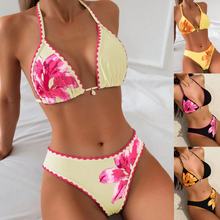 欧美性感三角包比基尼定版印花泳装度假绑带分体泳衣女沙滩游泳衣