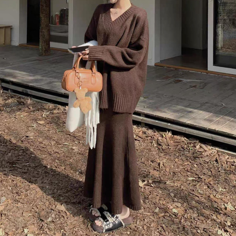 复古软糯v领毛衣套装女秋冬新款鱼尾包臀半身裙针织两件套女跨境|undefined