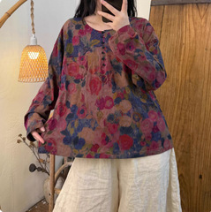 2025秋季新款复古休闲百搭数码印花针织棉半系扣上衣 女