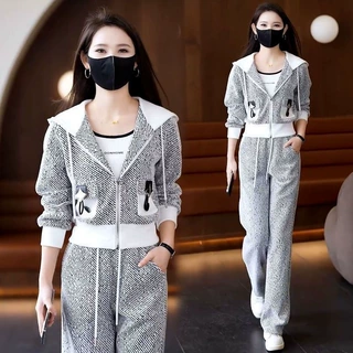 洋气显瘦女运动休闲两件套 高腰阔腿长裤配短款拉链连帽开衫