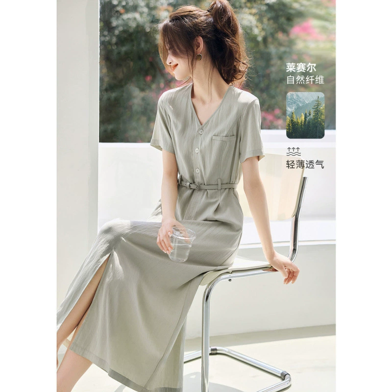 Летнее платье-мамба мятного цвета, французский стиль 2025 года, элегантное, приталенное, короткое, простого кроя, высококачественное, для работы.
