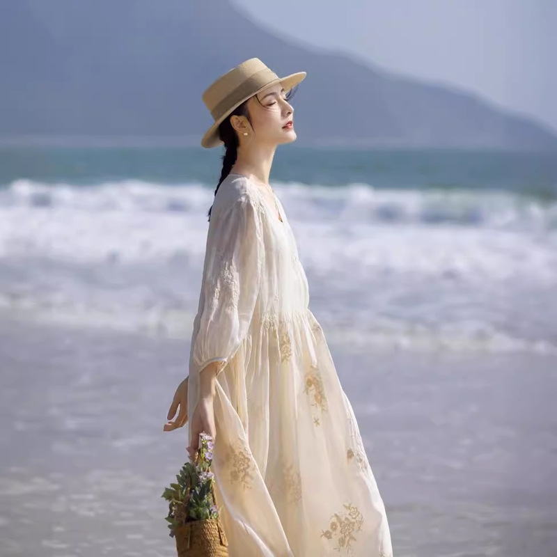 2024 spring and summer loose Ramie high-end heavy embroidery French V-neck travel elegant fairy white dress