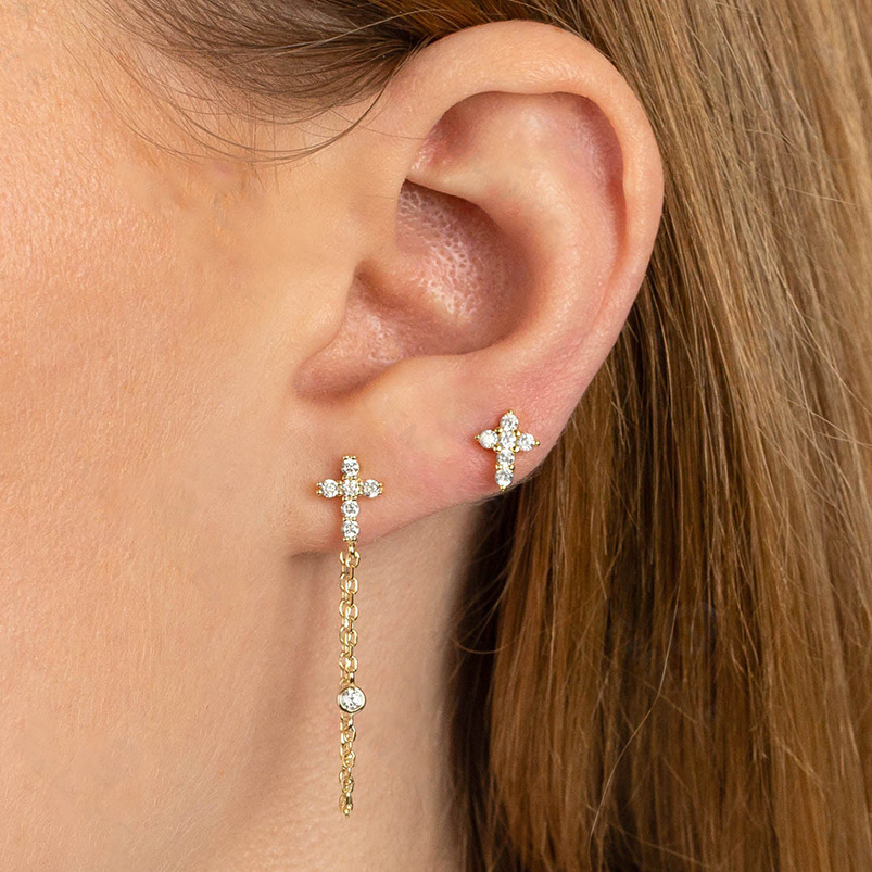 Polished Finish 1 Pair 925 Sterling Silver Zircon 925 Sterling Silver Earrings Cross Ear Studs
