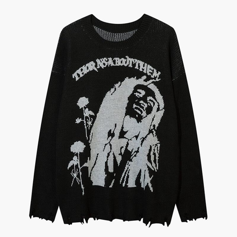 Men's Clothing street pullover portrait letter jacquard sweater casual loose commuter sweater pullover_voghion.com