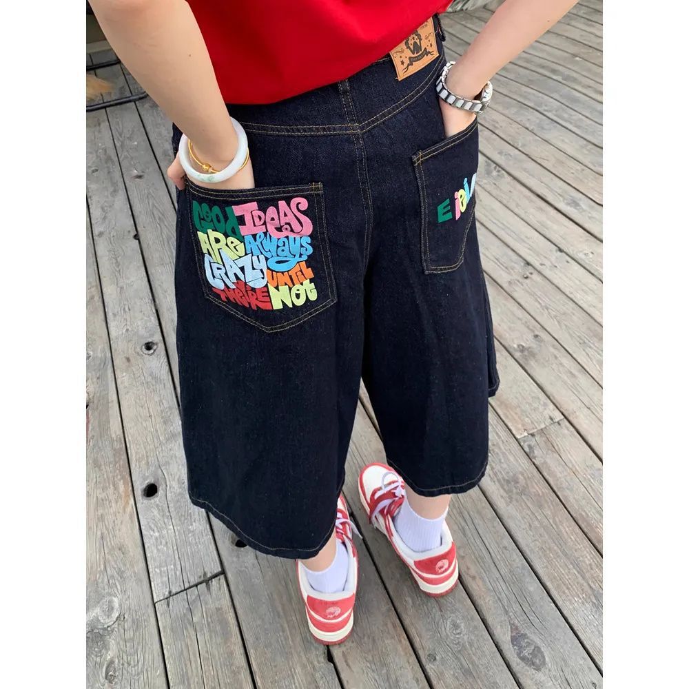 Pantalones cortos de mezclilla con estampado de letras retro americano