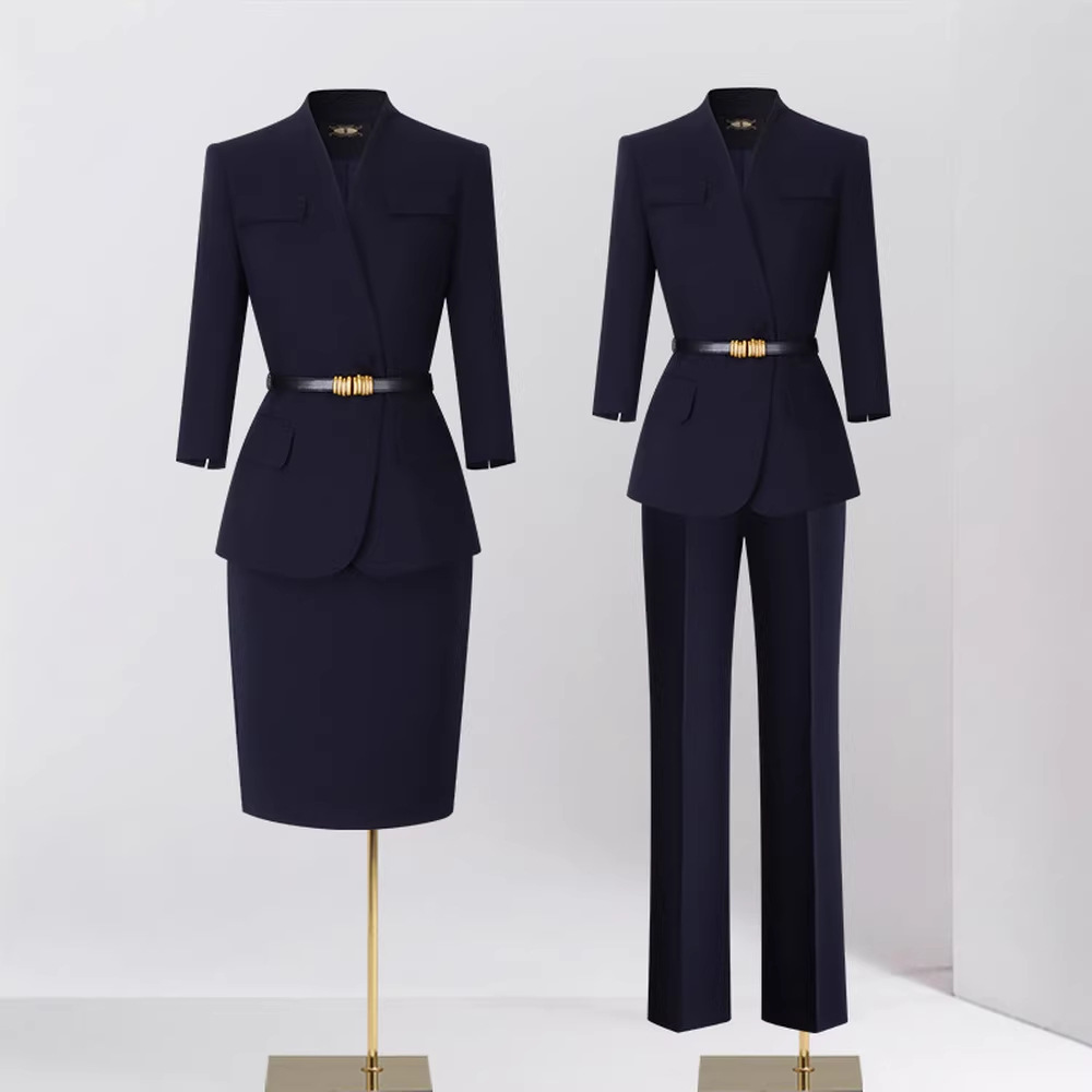 2311 Navy Blue V-Neck Suit Set for Women, Three-Quarter Sleeves, Waist-Cinching Professional Attire, Workplace Formal Wear, Commuting Style