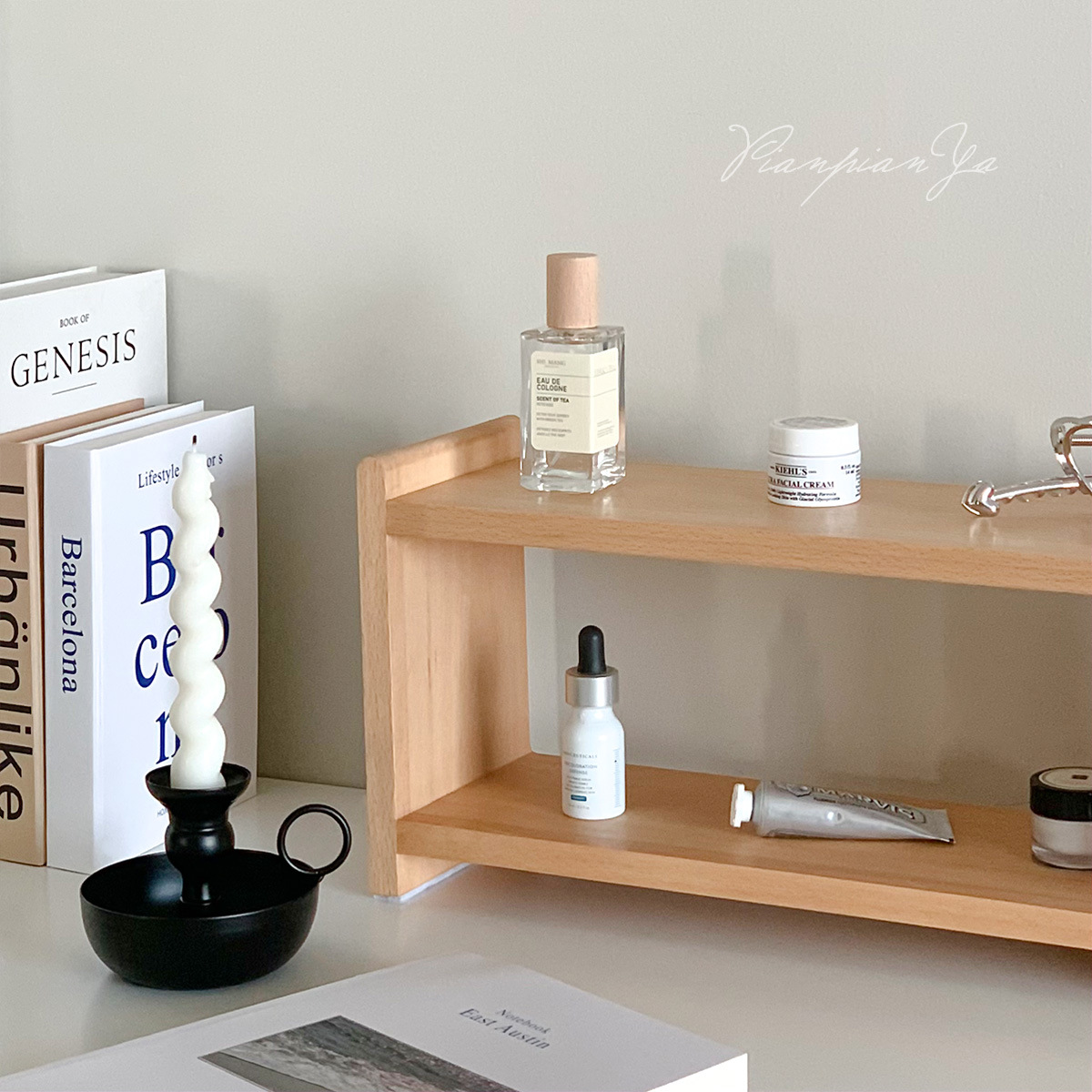 Estante de almacenamiento de madera maciza de doble capa de cereza de haya de escritorio juego de té Taza de almacenamiento en rack organizador de escritorio de oficina rack