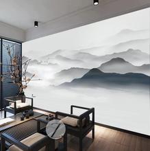 新中式水墨黑白山水画墙纸客厅沙发电视背景墙壁纸3d酒店无缝墙布