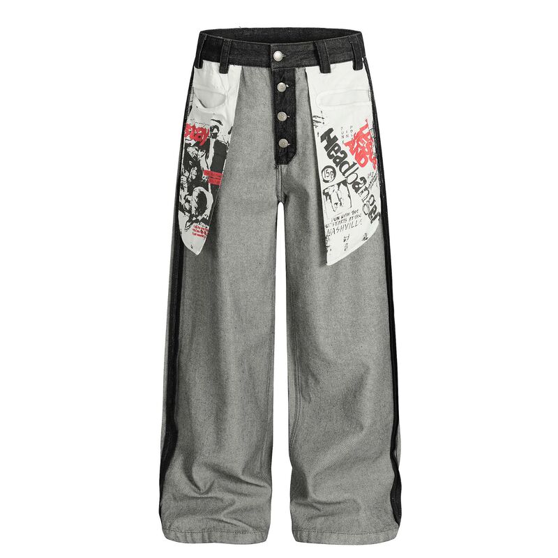 G6891 American Trendyy Street Print Pattern Deconstructed Reverse Asymmetrical Design Loose Men's and Women's Jeans G6891 American Trendyy Street Print Pattern Deconstructed Reverse Asymmetrical Design Loose Men's and Women's Jeans