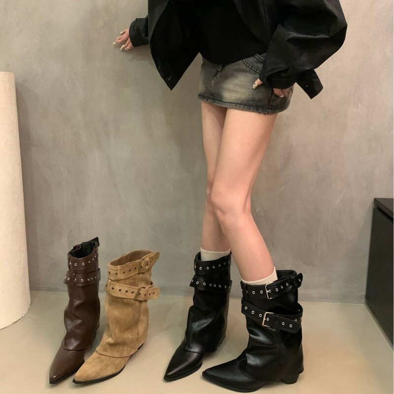 American Hot Girl Belt Buckle Trouser Boots Short Boots Women's Boots 2025 Early Autumn New Niche Design Short Boots Western Boots