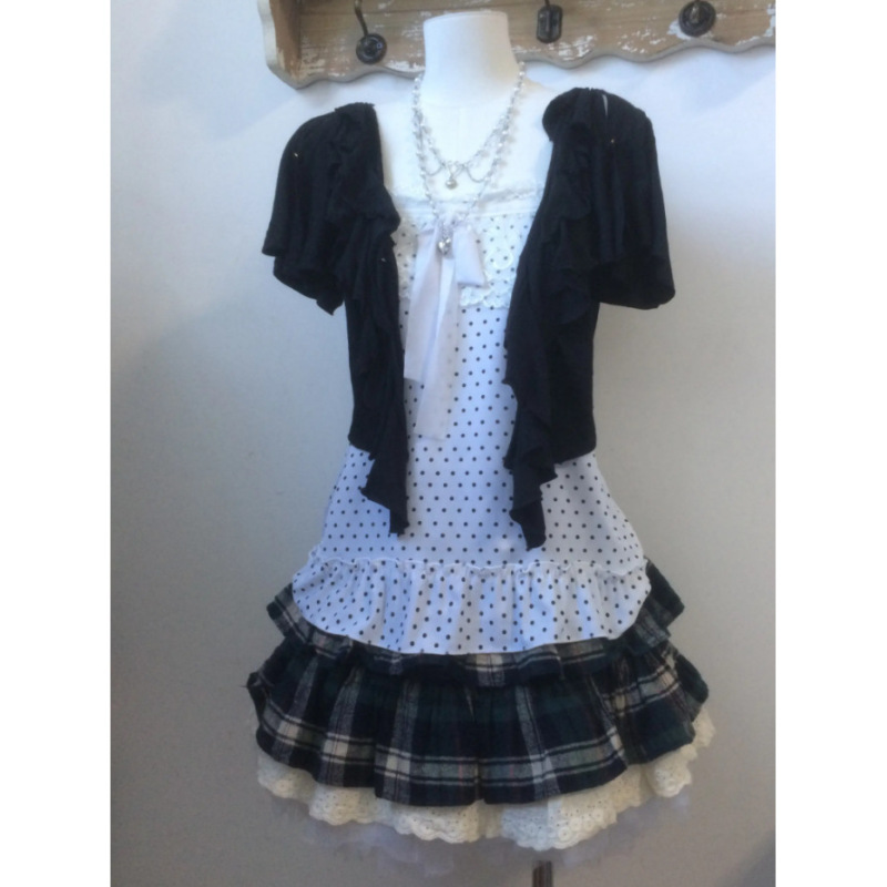 Now Available: H Girl's Vintage Letter-Print Outfit Set - Polka Dot Lace Camisole and Plaid Skirt Set