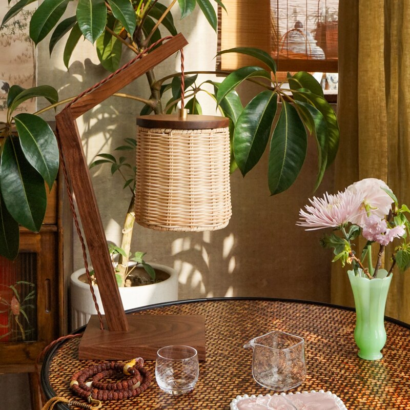 [Cross-Border] Chinese-Style Rattan Table Lamp for Study Room, Walnut Wood Table Lamp for Tea Room, Designer Entryway Fishing Lamp Table