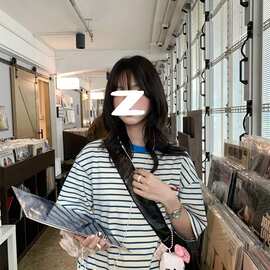 【休闲】+后包领 前后字母印花条纹短袖恤女图片色常规款