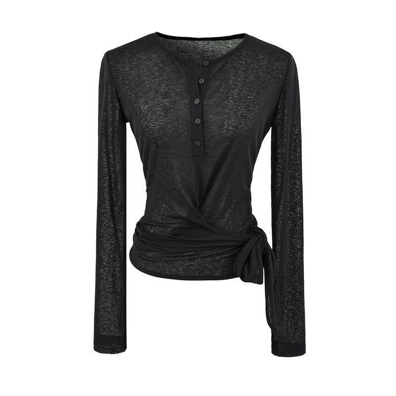 Round Neck Buttoned Slightly Sheer Lyocell Thin Sun-Protective Lace Slim-Fit Top Summer Tie-Up Slimming Long-Sleeve T-Shirt for Women Round Neck Buttoned Slightly Sheer Lyocell Thin Sun-Protective Lace Slim-Fit Top Summer Tie-Up Slimming Long-Sleeve T-Shirt for Women