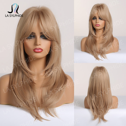 Eight-character bangs, medium-long textured straight hair, Wigs, European and American intellectual wigs for women, machine-made golden chemical fiber headgear