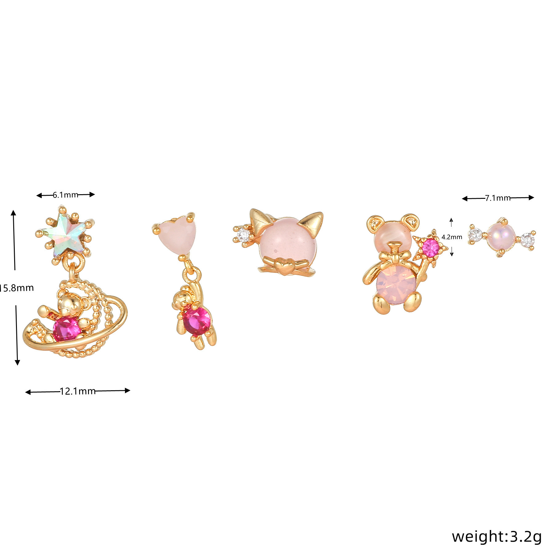 Sweet Bear Brass Ear Studs Gold Plated Zircon Copper Earrings