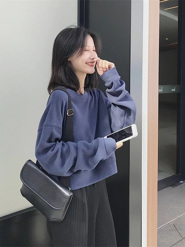 Japanese-Style Navy Blue Age-Reducing Pullover Sweatshirt for Women 2025 Autumn Solid Color Long-Sleeve Round Neck Cropped Top Loose Lazy
