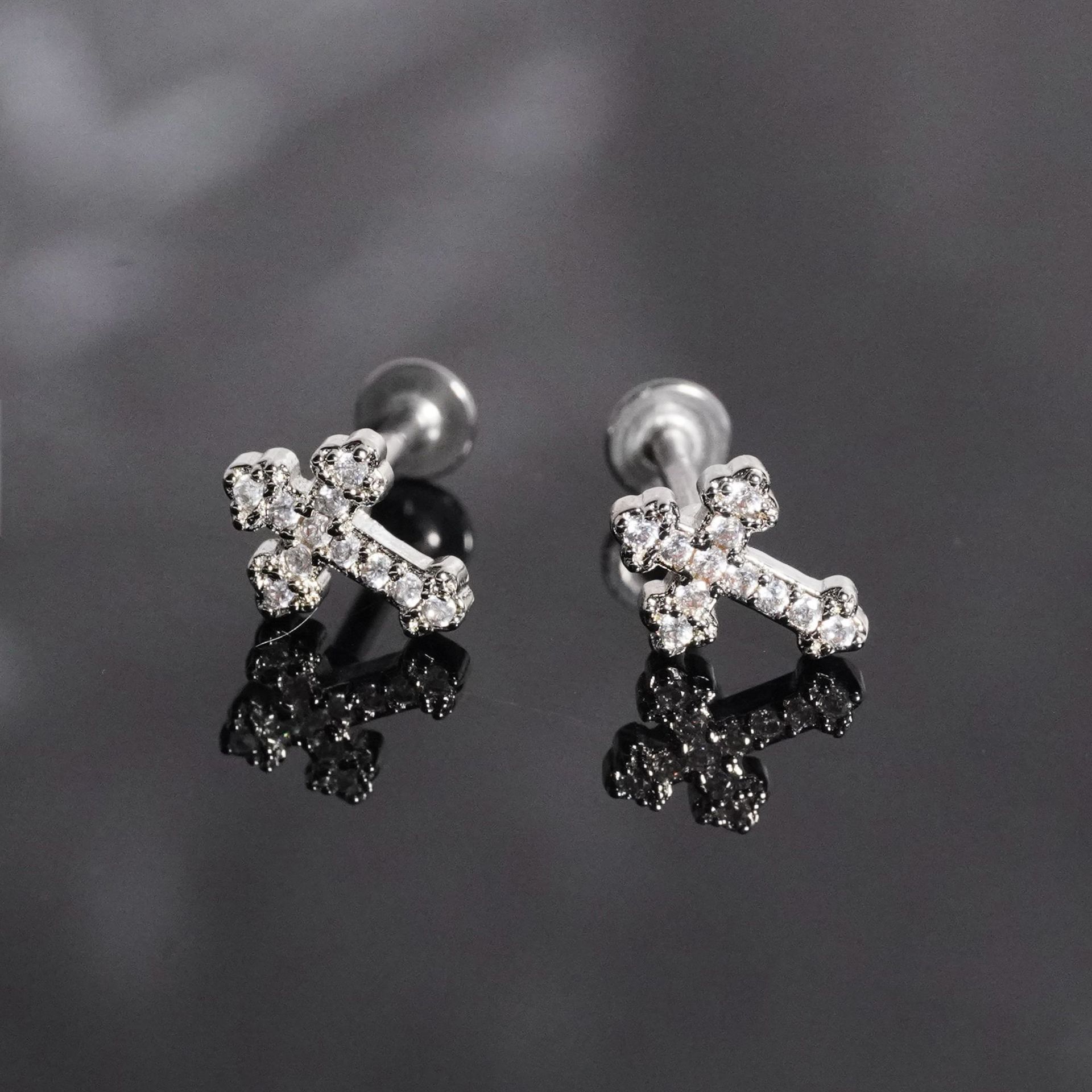 Cross Stud Earring With Zircon, Gold Plated Copper Cartilage Stud_voghion.com