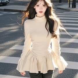 慵懒风上衣减龄花边喇叭袖漂亮百搭收腰打底衫白色秋冬季拼接