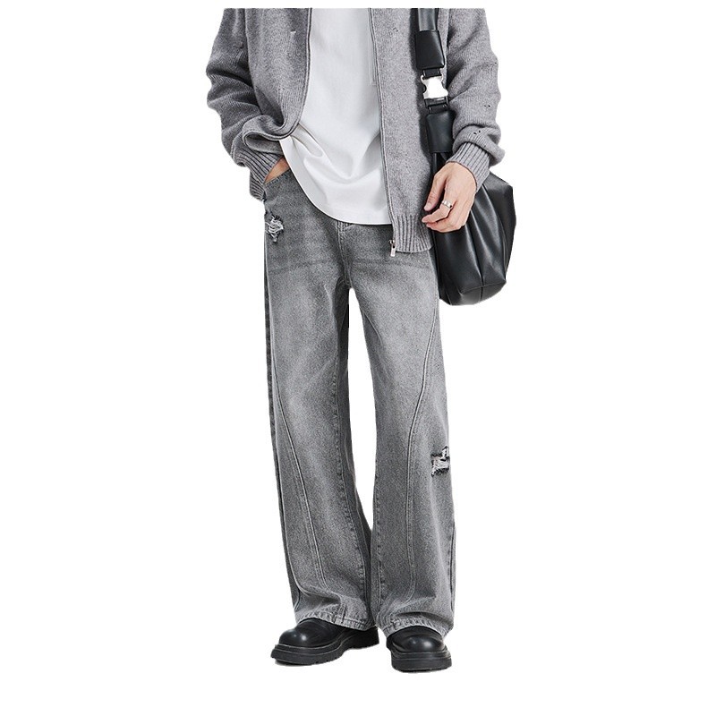 Men's High Street Jeans Trendy Sophisticated Loose Straight Leg Washed Distressed Ripped Long Pants Midweight Cotton_mkmklike.com