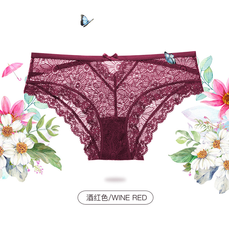 Bragas de encaje de algodón transpirable sexy de cintura baja transfronteriza europea y americana ropa interior de niña de encaje rojo claro sin costuras